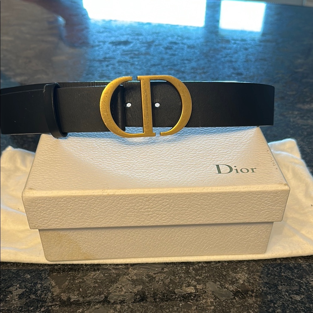 Dior Black Leather Belt with Gold Logo Buckle